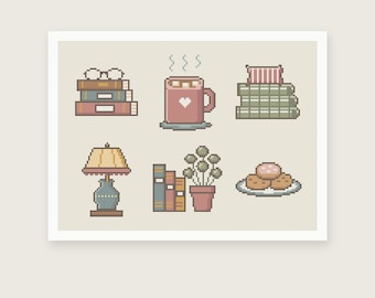 May include: A cross stitch pattern featuring pixelated illustrations of a stack of books with glasses, a pink mug with a heart, a stack of green books, a table lamp, a potted plant, and a plate of cookies, labeled PDF PATTERN INSTANT DOWNLOAD.