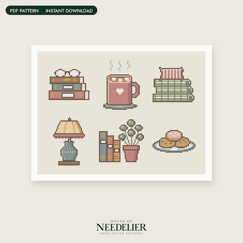 May include: A cross stitch pattern featuring pixelated illustrations of a stack of books with glasses, a pink mug with a heart, a stack of green books, a table lamp, a potted plant, and a plate of cookies, labeled PDF PATTERN INSTANT DOWNLOAD.