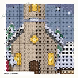 Op de afbeelding: Een kruissteekpatroon met een raster van symbolen en letters die kleuren vertegenwoordigen. Het ontwerp toont een centrale torenstructuur met gele ramen, omringd door een blauwe lucht en groene elementen, aangeduid als een makkelijk leesbare kaart.
