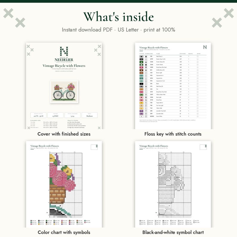 May include: A digital cross-stitch pattern titled Vintage Bicycle with Flowers. The document includes a cover page with finished sizes, a floss key with stitch counts, a color chart with symbols, and a black-and-white symbol chart for stitching.