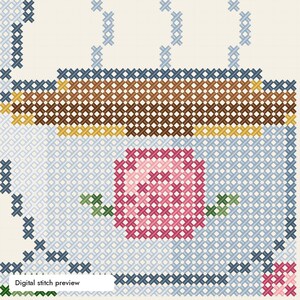 Puede incluir: Un patr&oacute;n de punto de cruz que muestra una taza de t&eacute; azul claro con un dise&ntilde;o de rosa rosa en el centro. La taza tiene un borde marr&oacute;n, detalles amarillos y vapor azul claro que sube. El texto Digital stitch preview es visible abajo.