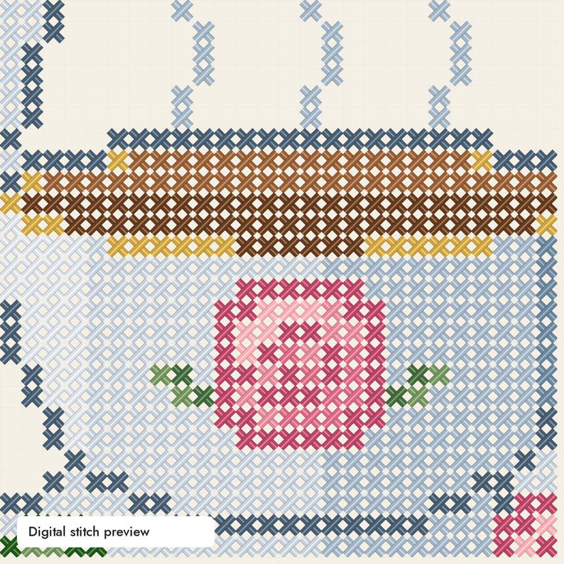 Puede incluir: Un patr&oacute;n de punto de cruz que muestra una taza de t&eacute; azul claro con un dise&ntilde;o de rosa rosa en el centro. La taza tiene un borde marr&oacute;n, detalles amarillos y vapor azul claro que sube. El texto Digital stitch preview es visible abajo.