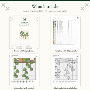 May include: A digital cross stitch pattern titled Houseplant Shelf, featuring an instant download PDF for US Letter paper. The document includes a cover page with finished sizes, a floss key with stitch counts, a color chart, and a black-and-white symbol chart.