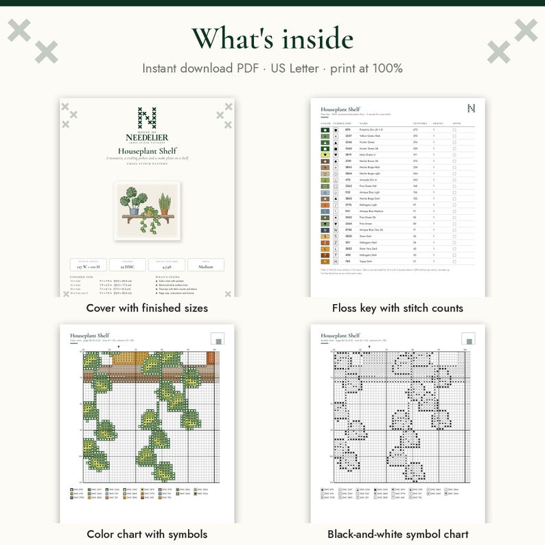 May include: A digital cross stitch pattern titled Houseplant Shelf, featuring an instant download PDF for US Letter paper. The document includes a cover page with finished sizes, a floss key with stitch counts, a color chart, and a black-and-white symbol chart.