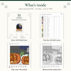 May include: A digital cross-stitch pattern titled Happy Halloween Haunted House. The document includes a cover page with finished sizes, a floss key with stitch counts, a color chart with symbols, and a black-and-white symbol chart for stitching.