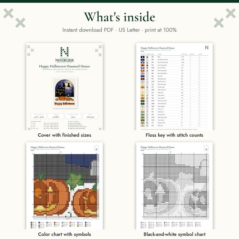 May include: A digital cross-stitch pattern titled Happy Halloween Haunted House. The document includes a cover page with finished sizes, a floss key with stitch counts, a color chart with symbols, and a black-and-white symbol chart for stitching.