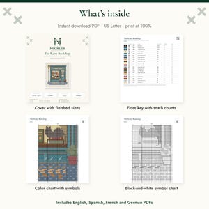 May include: A digital cross-stitch pattern titled The Rainy Bookshop, featuring a cover page with finished sizes, a floss key with stitch counts, a color chart with symbols, and a black-and-white symbol chart. The document is an instant download PDF.