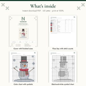May include: A digital cross stitch pattern titled Little Snowman, featuring a cover page with finished sizes, a floss key with stitch counts, a color chart with symbols, and a black-and-white symbol chart. The text reads What's inside.