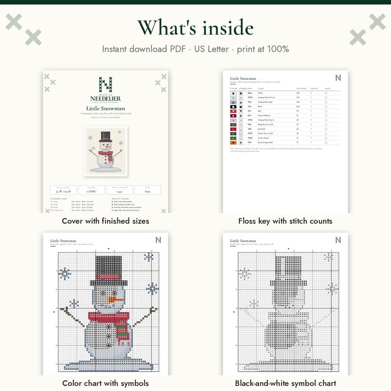 May include: A digital cross stitch pattern titled Little Snowman, featuring a cover page with finished sizes, a floss key with stitch counts, a color chart with symbols, and a black-and-white symbol chart. The text reads What's inside.