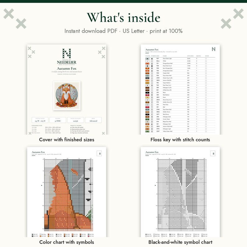 May include: An instant download PDF cross-stitch pattern titled Autumn Fox. The document includes a cover page with finished sizes, a floss key with stitch counts, a colour chart with symbols, and a black-and-white symbol chart for the design.