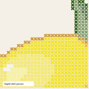 May include: A digital cross stitch pattern preview featuring a bright yellow circular area bordered by orange stitches. A vertical section of dark and light green stitches extends upward. The text Digital stitch preview is visible.
