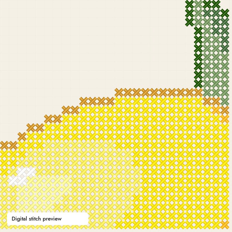 May include: A digital cross stitch pattern preview featuring a bright yellow circular area bordered by orange stitches. A vertical section of dark and light green stitches extends upward. The text Digital stitch preview is visible.