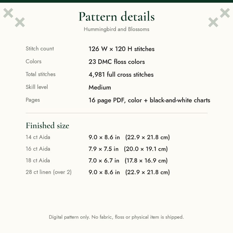 May include: A digital cross stitch pattern titled Hummingbird and Blossoms. Details include 126 W x 120 H stitches, 23 DMC floss colors, 4,981 full cross stitches, medium skill level, and a 16-page PDF with color and black-and-white charts.