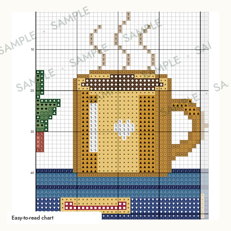 May include: A cross-stitch pattern chart featuring a tan coffee mug with a handle, steam rising from the top, and a small green plant to the left. The design is set against a dark blue background with a grid overlay and the text Easy-to-read chart.