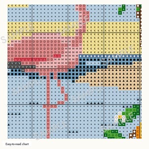 May include: A cross-stitch pattern chart featuring a pink flamingo silhouette composed of letters D, M, and V against a grid background. The design includes yellow, blue, and black symbols representing water, land, and foliage elements.