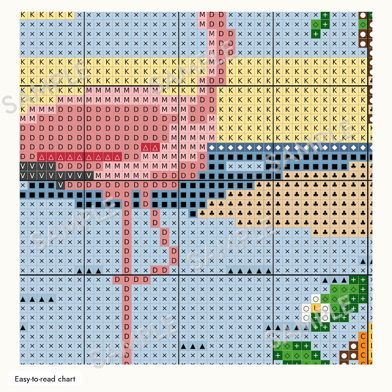 May include: A cross-stitch pattern chart featuring a pink flamingo silhouette composed of letters D, M, and V against a grid background. The design includes yellow, blue, and black symbols representing water, land, and foliage elements.