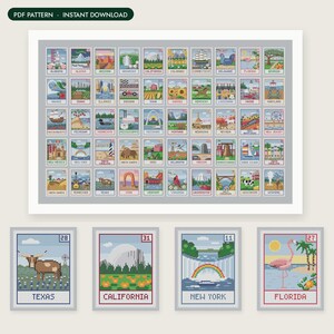May include: A cross stitch PDF pattern featuring a grid of fifty rectangular designs, each representing a U.S. state with iconic imagery and text. Below the main grid are four enlarged individual designs for Texas, California, New York, and Florida.