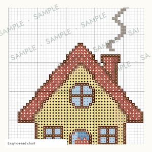 May include: A cross-stitch pattern chart featuring a house with a yellow facade, a red roof, and blue windows. The design includes a chimney with grey smoke rising, all set against a white grid background with the word SAMPLE repeated across it.