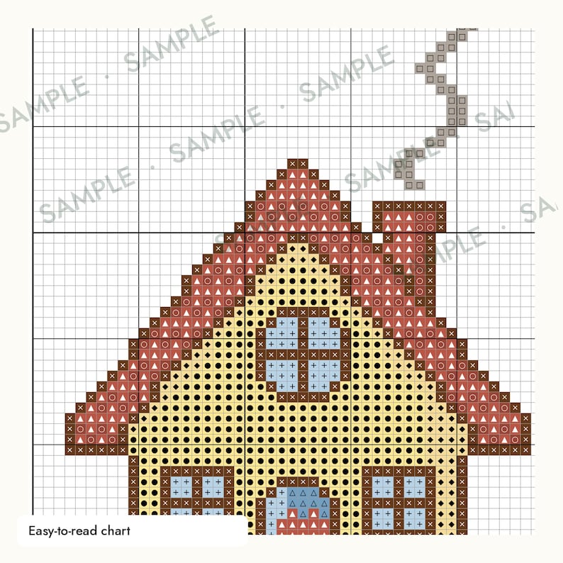 May include: A cross-stitch pattern chart featuring a house with a yellow facade, a red roof, and blue windows. The design includes a chimney with grey smoke rising, all set against a white grid background with the word SAMPLE repeated across it.