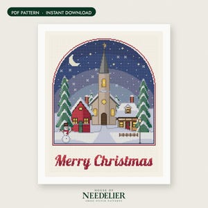 May include: A cross stitch pattern featuring a winter village scene inside an arched frame. The design includes a church, houses, pine trees, a snowman, and a night sky with a crescent moon. The text Merry Christmas is printed in red below.