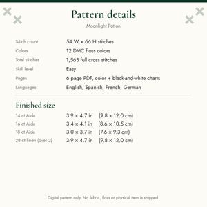 Op de afbeelding: Een digitaal kruissteekpatroon genaamd Moonlight Potion. Details omvatten een steekgrootte van 54 B x 66 H, 12 DMC-draadkleuren, 1.563 volledige kruissteken en een eenvoudig niveau. De 6-pagina PDF bevat kleur- en zwart-witdiagrammen.