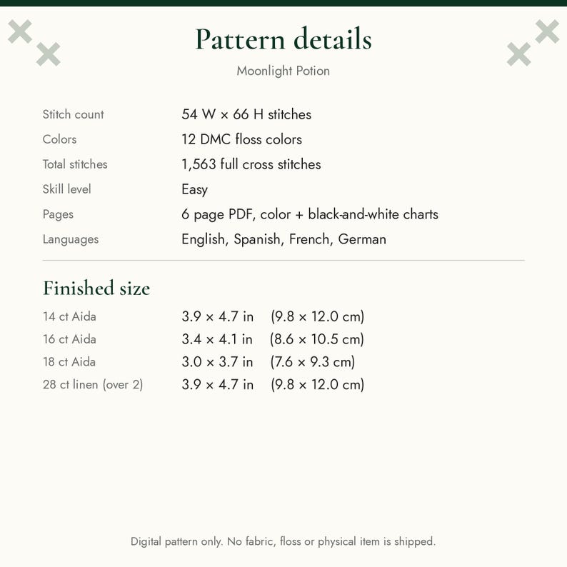 Op de afbeelding: Een digitaal kruissteekpatroon genaamd Moonlight Potion. Details omvatten een steekgrootte van 54 B x 66 H, 12 DMC-draadkleuren, 1.563 volledige kruissteken en een eenvoudig niveau. De 6-pagina PDF bevat kleur- en zwart-witdiagrammen.