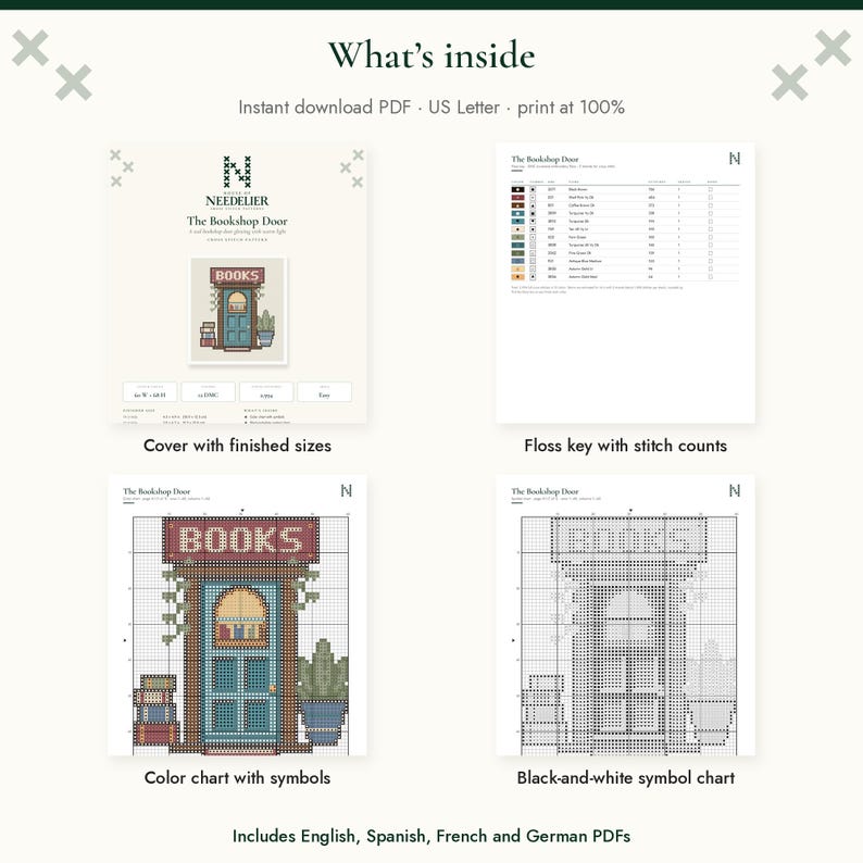 May include: A digital cross-stitch pattern titled The Bookshop Door, featuring a cover page, a floss key with stitch counts, a color chart with symbols, and a black-and-white symbol chart. The design depicts a blue door with a sign reading BOOKS.