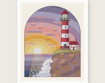 May include: A cross stitch pattern featuring a red and white lighthouse on a cliffside overlooking a sunset over the ocean. The scene includes a small house, birds in the sky, and a reflection of the sun on the water, all within an arched frame.