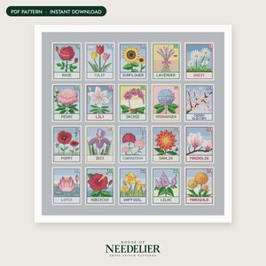 Puede incluir: Un patr&oacute;n de punto de cruz con una cuadr&iacute;cula de veinte sellos rectangulares, cada uno mostrando una flor diferente con su nombre y un valor num&eacute;rico. Las flores incluyen rosa, tulip&aacute;n, girasol, lavanda, margarita, peon&iacute;a, lirio, orqu&iacute;dea, hortensia, flor de cerezo, amapola, iris, clavel, dalia, magnolia, loto, hibisco, narciso, lila y cal&eacute;ndula.