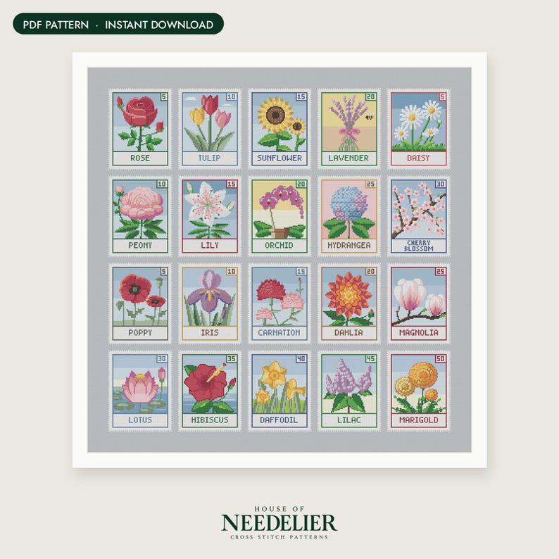 Puede incluir: Un patr&oacute;n de punto de cruz con una cuadr&iacute;cula de veinte sellos rectangulares, cada uno mostrando una flor diferente con su nombre y un valor num&eacute;rico. Las flores incluyen rosa, tulip&aacute;n, girasol, lavanda, margarita, peon&iacute;a, lirio, orqu&iacute;dea, hortensia, flor de cerezo, amapola, iris, clavel, dalia, magnolia, loto, hibisco, narciso, lila y cal&eacute;ndula.