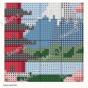 May include: A cross-stitch pattern chart featuring a grid layout with various symbols and letters. The design includes sections of red, blue, green, and pink colors representing different areas of a landscape with a tall structure and water.