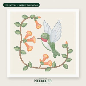May include: A cross stitch pattern featuring a green and white hummingbird hovering near orange trumpet-shaped flowers on a vine. The design includes the text PDF PATTERN INSTANT DOWNLOAD and HOUSE OF NEEDELIER CROSS STITCH PATTERNS.