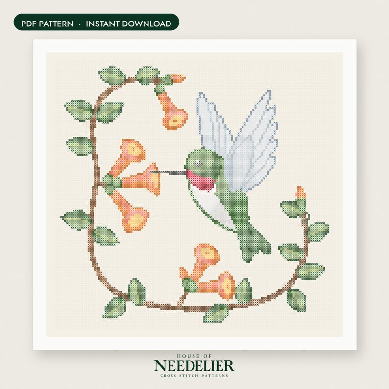 May include: A cross stitch pattern featuring a green and white hummingbird hovering near orange trumpet-shaped flowers on a vine. The design includes the text PDF PATTERN INSTANT DOWNLOAD and HOUSE OF NEEDELIER CROSS STITCH PATTERNS.