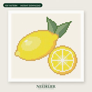 May include: A cross stitch pattern featuring a bright yellow lemon with two green leaves and a sliced lemon round showing internal segments. The design is set against a light cream background with the text PDF PATTERN INSTANT DOWNLOAD and HOUSE OF NEEDELIER CROSS STITCH PATTERNS.