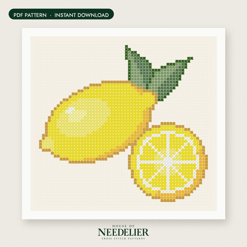 May include: A cross stitch pattern featuring a bright yellow lemon with two green leaves and a sliced lemon round showing internal segments. The design is set against a light cream background with the text PDF PATTERN INSTANT DOWNLOAD and HOUSE OF NEEDELIER CROSS STITCH PATTERNS.