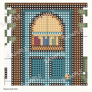May include: A cross-stitch pattern chart featuring a blue door with a rounded window, framed by brown borders. The design uses symbols like hearts, diamonds, clubs, and triangles to represent colors. The text "SAMPLE" is overlaid across the grid.