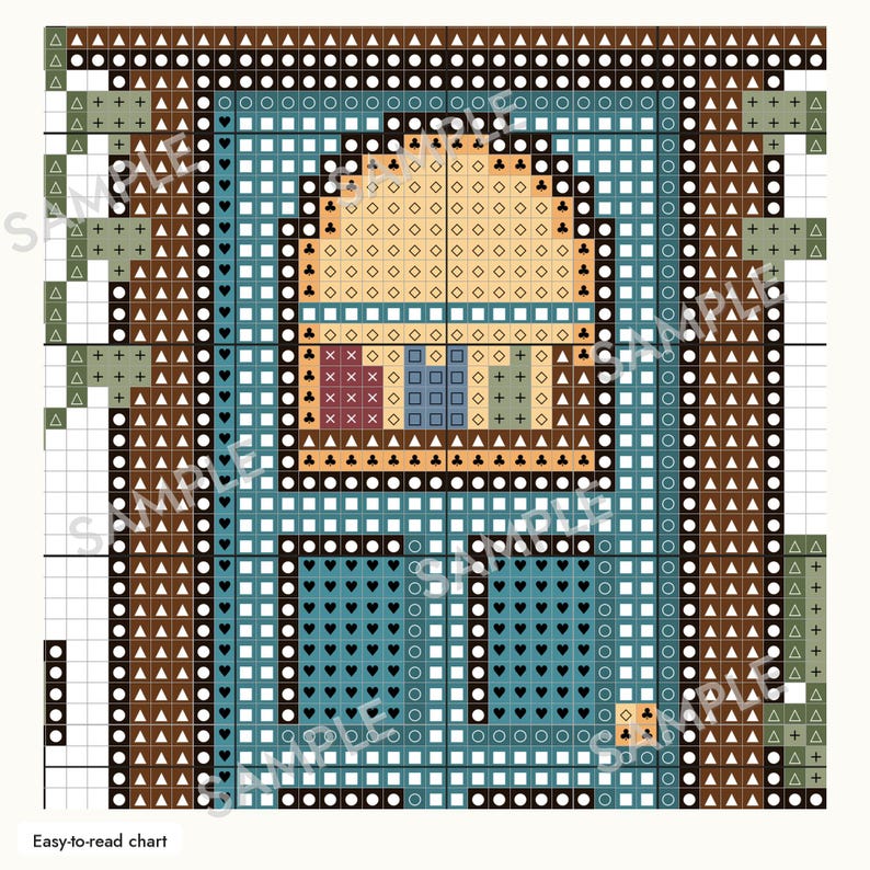 May include: A cross-stitch pattern chart featuring a blue door with a rounded window, framed by brown borders. The design uses symbols like hearts, diamonds, clubs, and triangles to represent colors. The text "SAMPLE" is overlaid across the grid.