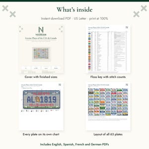 May include: A digital cross-stitch pattern set titled License Plates of the USA & Canada. Includes a cover page with finished sizes, a floss key with stitch counts, individual charts for each of the 63 plates, and a full layout page.