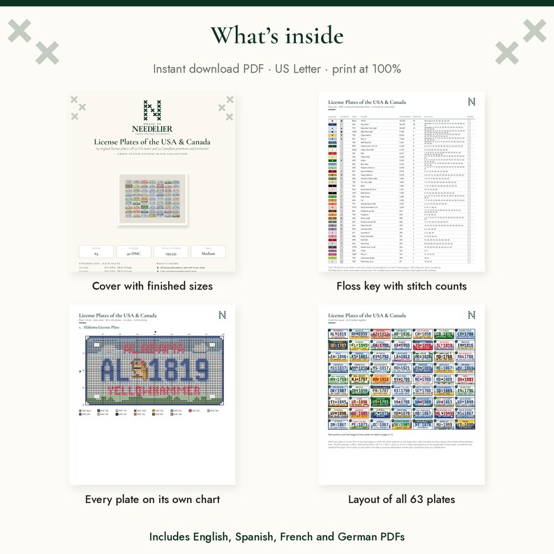 May include: A digital cross-stitch pattern set titled License Plates of the USA & Canada. Includes a cover page with finished sizes, a floss key with stitch counts, individual charts for each of the 63 plates, and a full layout page.