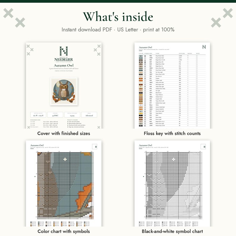 May include: A digital cross-stitch pattern titled Autumn Owl, featuring a cover page with finished sizes, a floss key with stitch counts, a color chart with symbols, and a black-and-white symbol chart. The text reads What's inside.