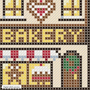 May include: A cross-stitch pattern featuring a bakery storefront with the word BAKERY in yellow letters. The design includes two windows with yellow panes, a red and white striped awning, a door with a green wreath, and a heart motif above.
