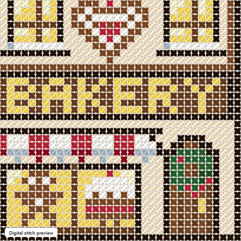 May include: A cross-stitch pattern featuring a bakery storefront with the word BAKERY in yellow letters. The design includes two windows with yellow panes, a red and white striped awning, a door with a green wreath, and a heart motif above.