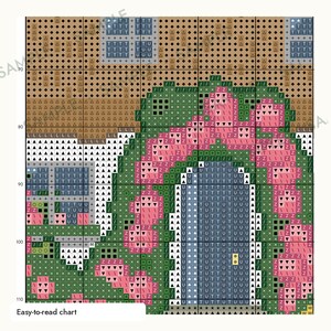 Puede incluir: Un patr&oacute;n de punto de cruz que presenta una cuadr&iacute;cula con s&iacute;mbolos que representan colores. El dise&ntilde;o muestra el exterior de una casa con una puerta azul, una ventana y flores rosas trepando por un arco. El patr&oacute;n incluye l&iacute;neas de cuadr&iacute;cula numeradas y el texto Easy-to-read chart.