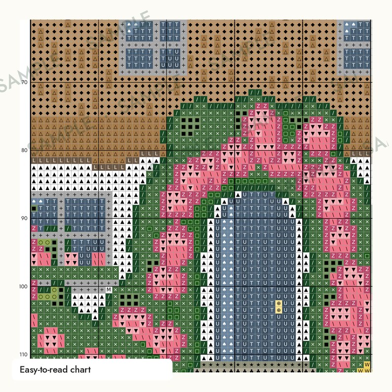 Puede incluir: Un patr&oacute;n de punto de cruz que presenta una cuadr&iacute;cula con s&iacute;mbolos que representan colores. El dise&ntilde;o muestra el exterior de una casa con una puerta azul, una ventana y flores rosas trepando por un arco. El patr&oacute;n incluye l&iacute;neas de cuadr&iacute;cula numeradas y el texto Easy-to-read chart.