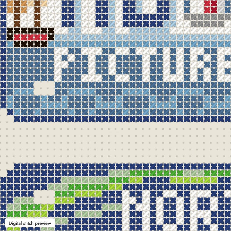May include: A cross-stitch pattern featuring the text "HELLO PICTURE" in white on a blue background with small red, brown, and gray accents, followed by a section with green and blue geometric shapes and the text "MOR" in white.