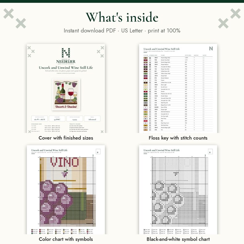 May include: A digital cross-stitch pattern titled Uncork and Unwind Wine Still Life. The document includes a cover page with finished sizes, a floss key with stitch counts, a color chart with symbols, and a black-and-white symbol chart for stitching.