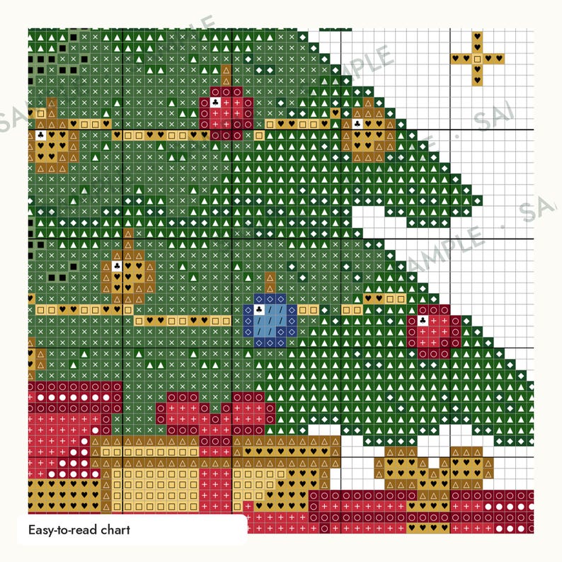 May include: A cross-stitch pattern chart featuring a green Christmas tree decorated with red and blue ornaments, surrounded by gift boxes with red ribbons. The grid includes various symbols like triangles, plus signs, and hearts. Text reads Easy-to-read chart.