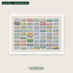 May include: A cross stitch pattern featuring a grid of fifty-six rectangular license plates from various North American states and provinces, each displaying a unique year, state name, and small graphic icon, arranged in eight rows and seven columns.