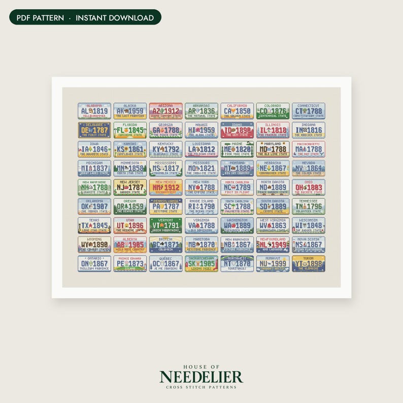 May include: A cross stitch pattern featuring a grid of fifty-six rectangular license plates from various North American states and provinces, each displaying a unique year, state name, and small graphic icon, arranged in eight rows and seven columns.