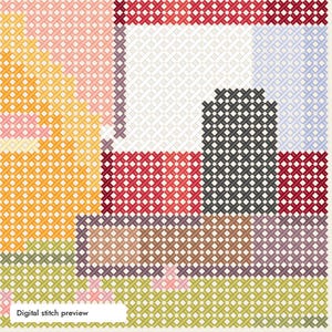Puede incluir: Una vista previa digital de un patr&oacute;n de punto de cruz con una composici&oacute;n geom&eacute;trica de bloques en amarillo, rosa, blanco, azul claro, rojo oscuro, gris carb&oacute;n, marr&oacute;n y verde claro. El dise&ntilde;o consta de l&iacute;neas de cuadr&iacute;cula que forman cuadrados.